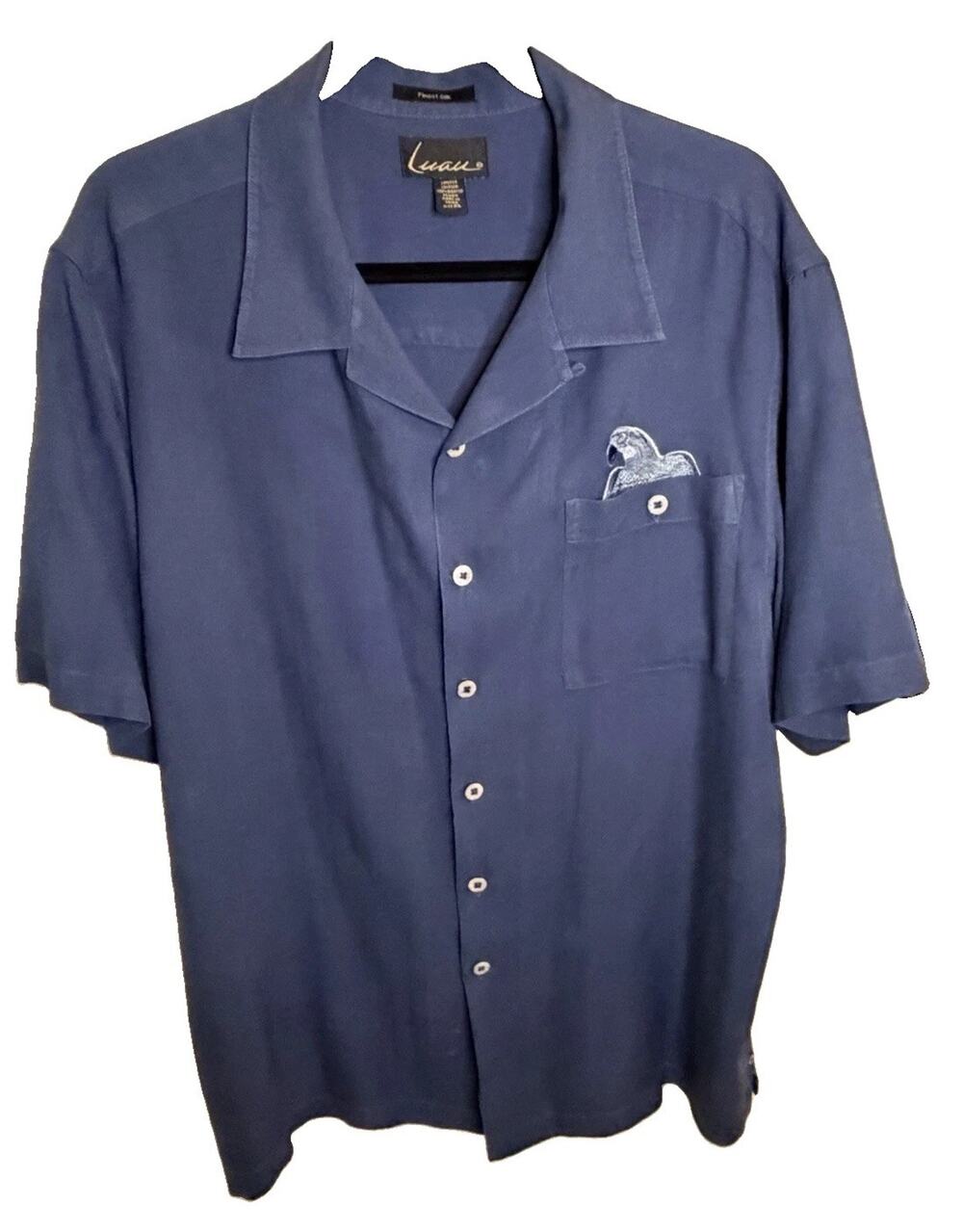 Luau Limited Edition XL Silk Hawaiian Shirt Parrot Cocktail Embroidered Blue